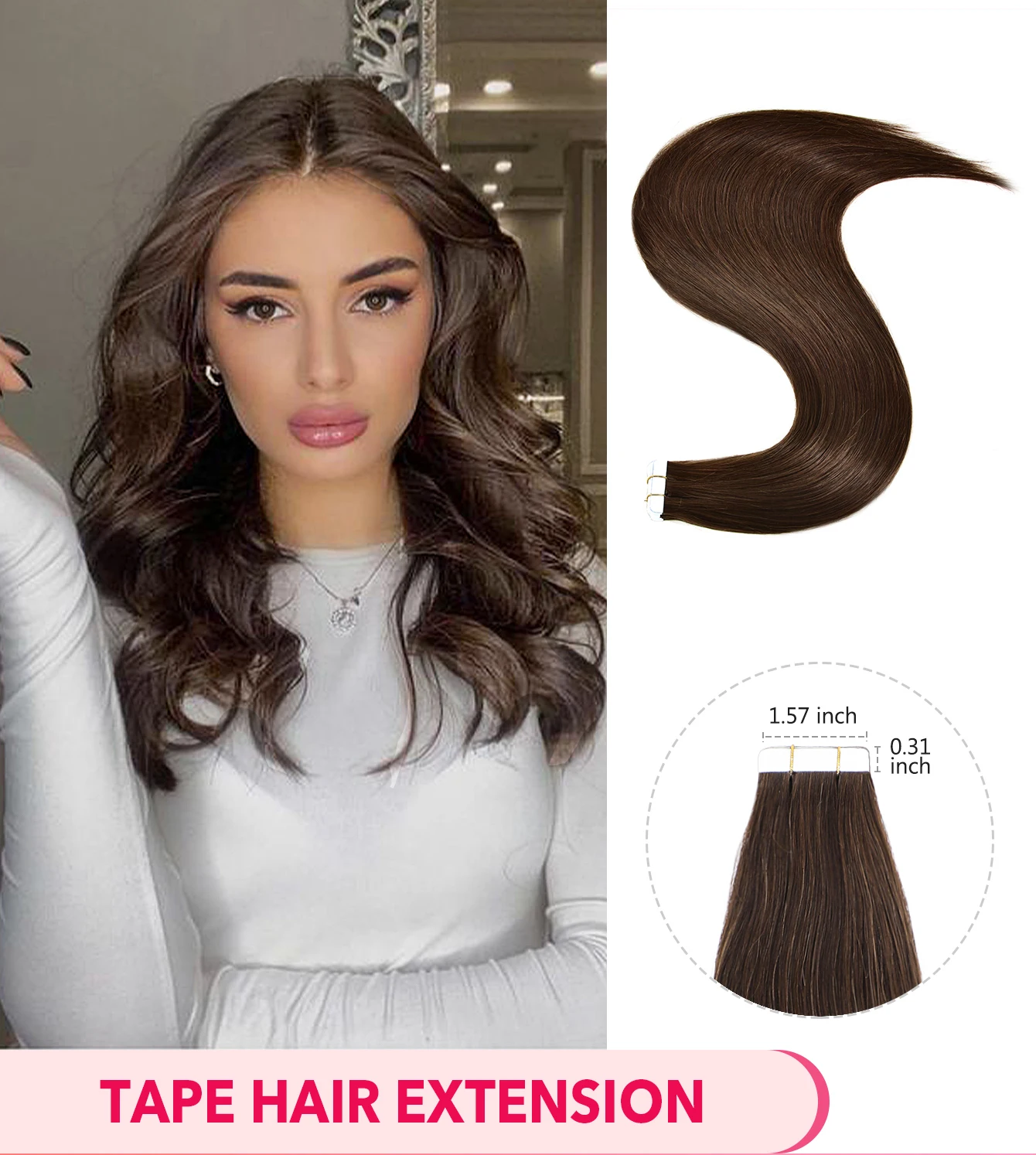 100% レミーテープでヘアエクステンション人毛本物の自然なブラジリアンヘアストレートシームレススキン横糸女性のためのダークブラウン