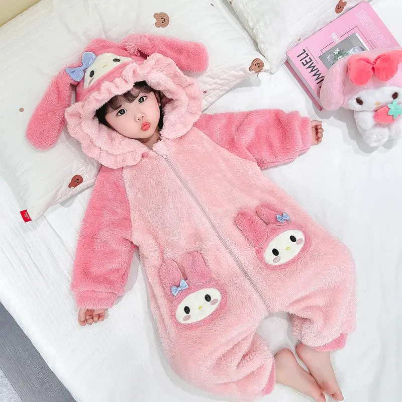 Cartoon My Melody Coral Fleece Onesie Pajama Baby Warm Soft Jumpsuit One-Piece Children Plush Sleepwear Home Clothing Kids Gifts