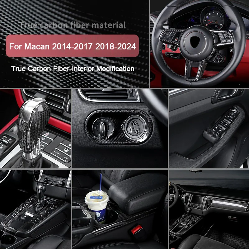 

For Porsche Macan 95B 2014-2024 True Carbon Fiber Interior Trim Kit Gear Shift Knob Cover, Steering Wheel Frame, Door Panel,