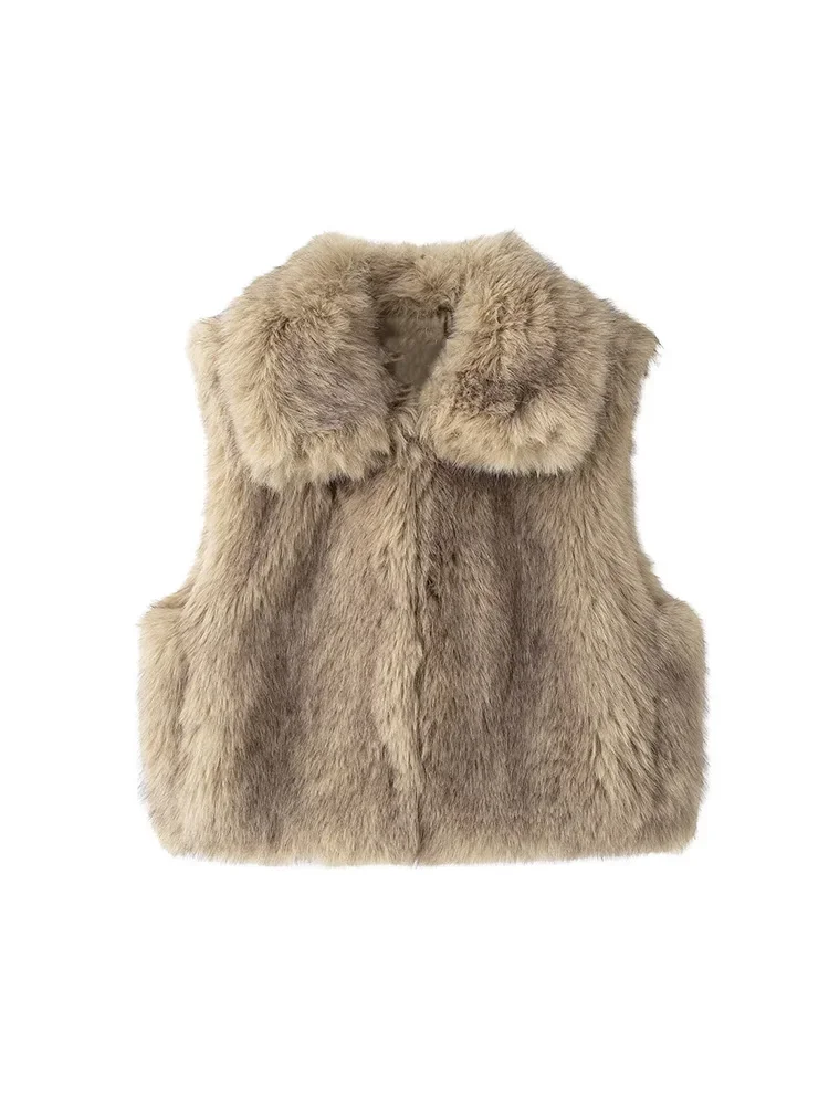 Willshela Women Fashion Faux Fur Brown Hidden Breasted Vest Waistcoats Vintage Lapel Neck Sleeveless Jackets Female Tank Tops