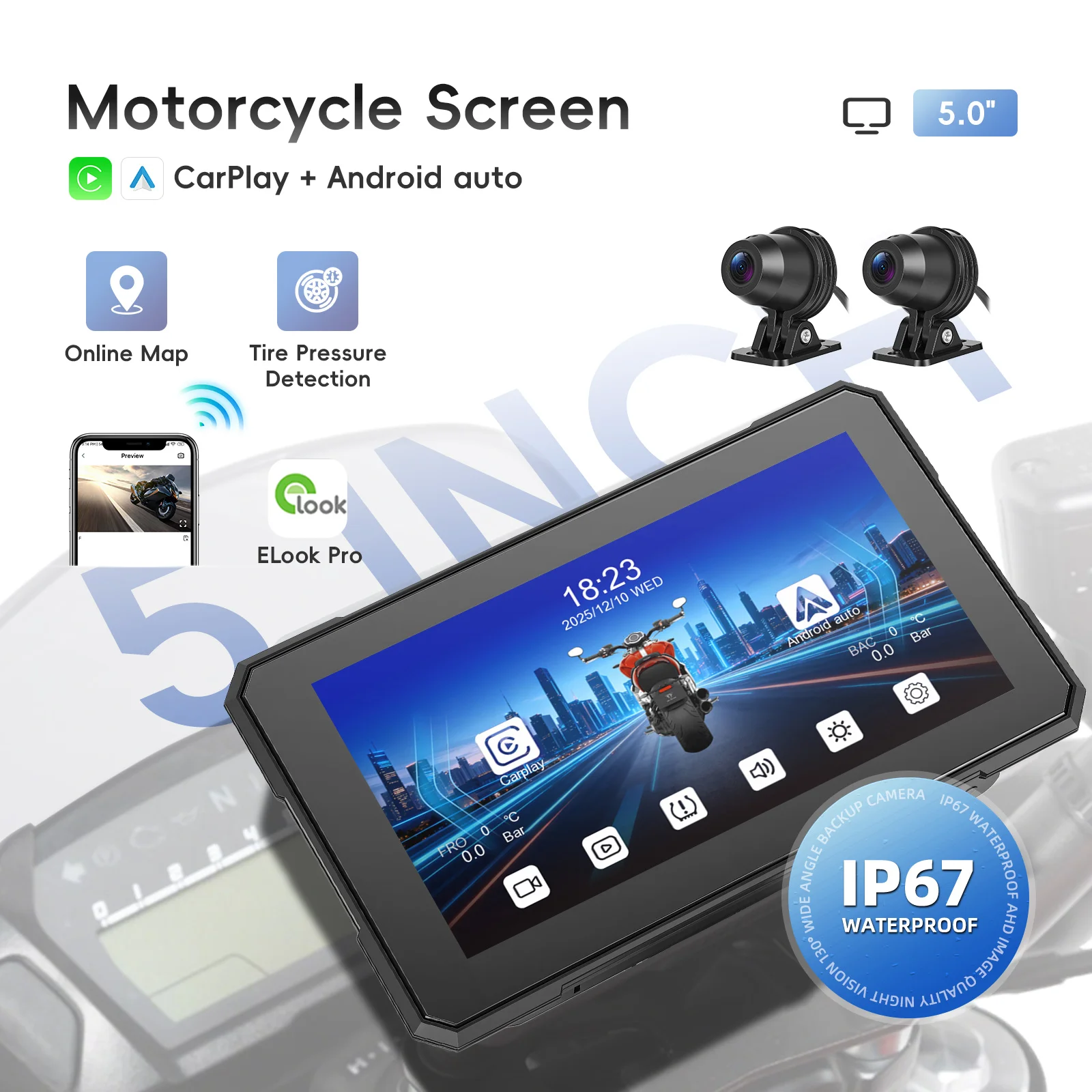 Podofo, display portatile da 5 pollici per moto, con GPS, navigazione, schermo, CarPlay wireless e Android Auto, dotato di 2 telecamere e funzione DVR.