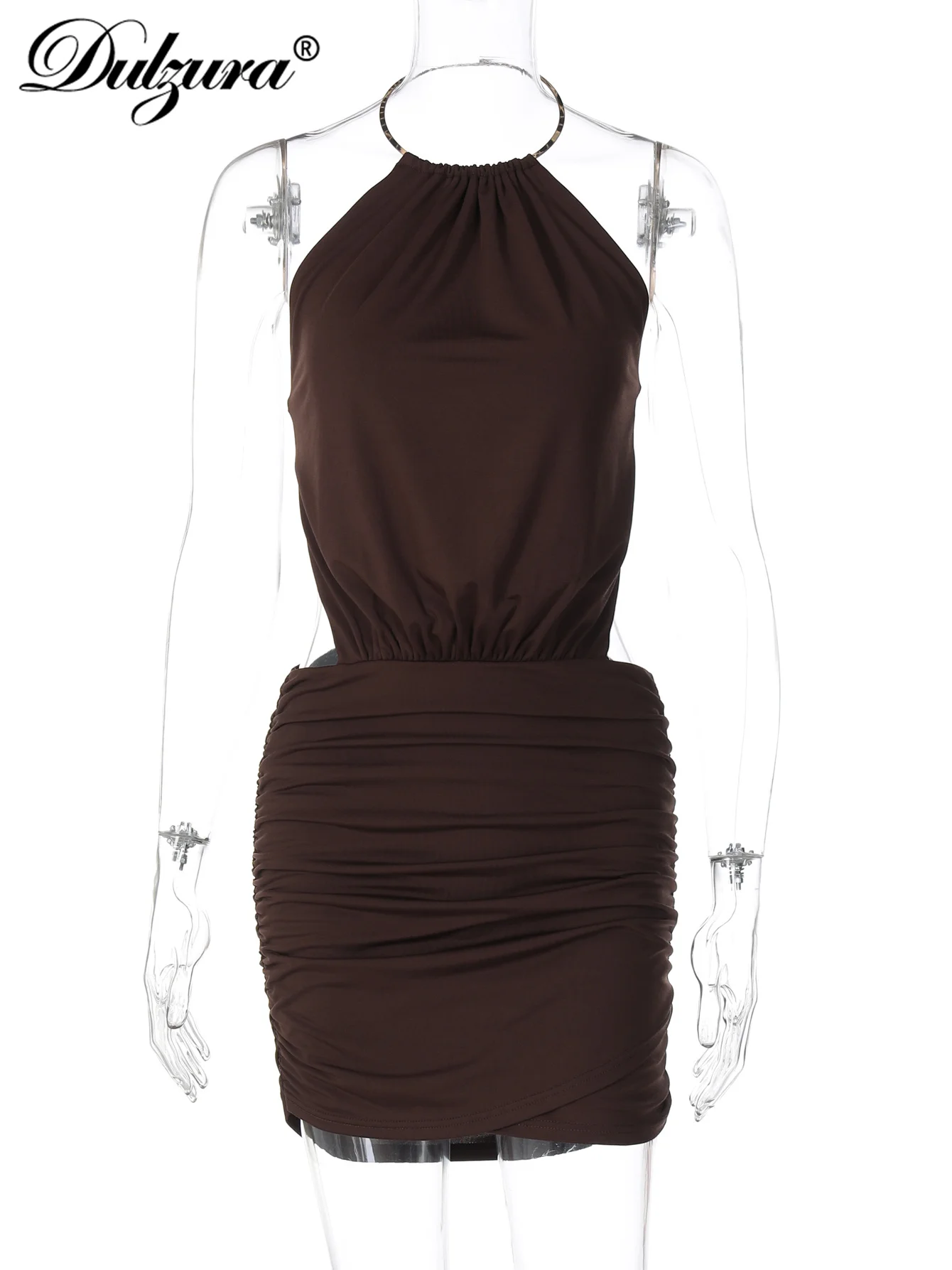 Dulzura Sommer Mode Sexy Metall Halter Backless Schlank Spitze Up Geraffte Mini Kleid Frauen Solide Elegante Party Club Straße Kleidung