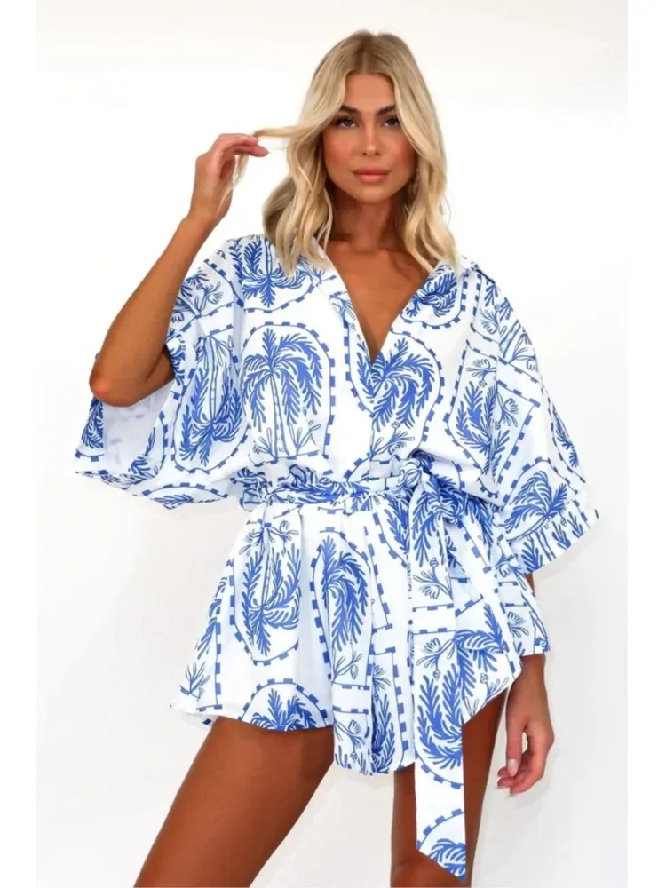 

Fashion Printed Chic Jumpsuits Shorts Summer Women V-neck Casual Beach Vacation High Waist Leace-up Bodysuits Fashion Streetwear