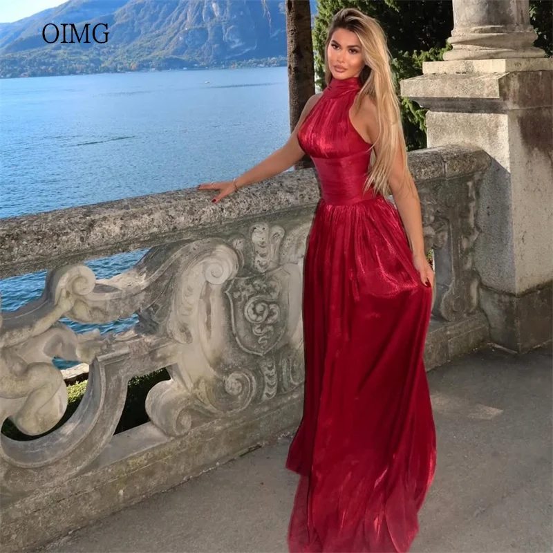 

OIMG Shiny Red Halter A Line Prom Gowns Maxi Backless Pleated Party Gown Floor Length Evening Dress vestidos de gala Customized