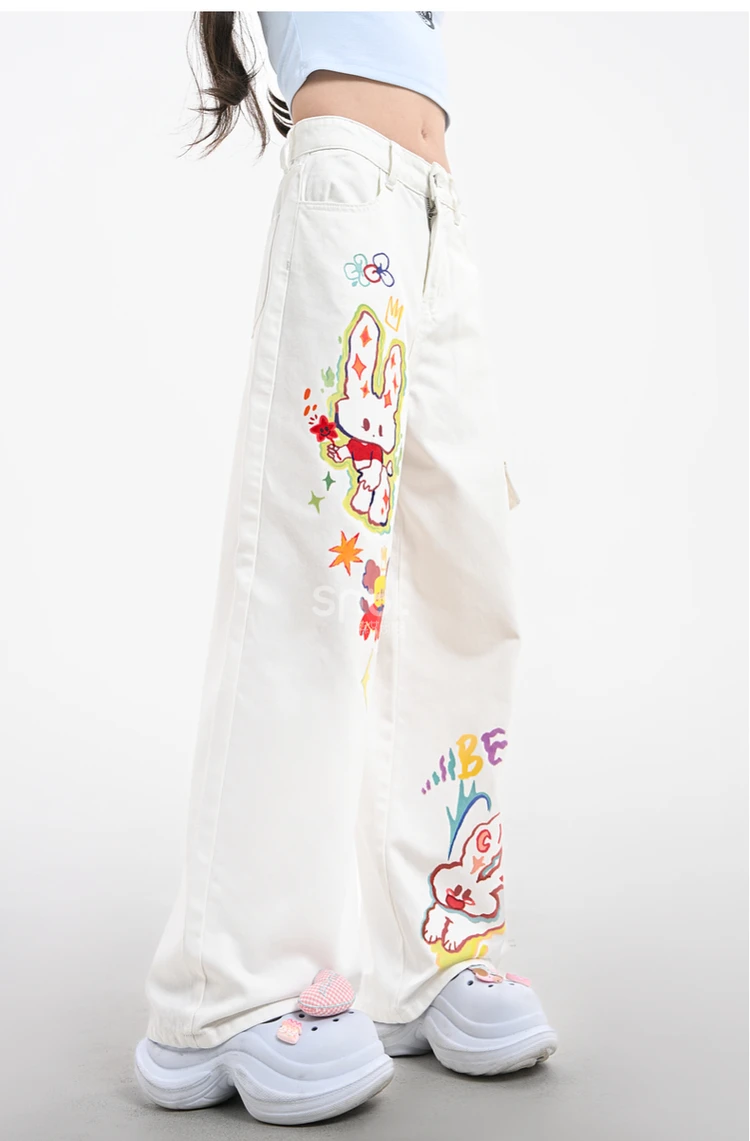 2025 Summer and Autumn New Women's Cartoon Print High Waist Straight Leg Jeans Loose Versatile Casual Wide Leg Pants