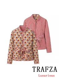 TRAFZA Vintage Casual Print damskie szarfy kurtki z długim rękawem dwustronne luźne grube płaszcze moda 2024 jesienno-zimowa odzież wierzchnia