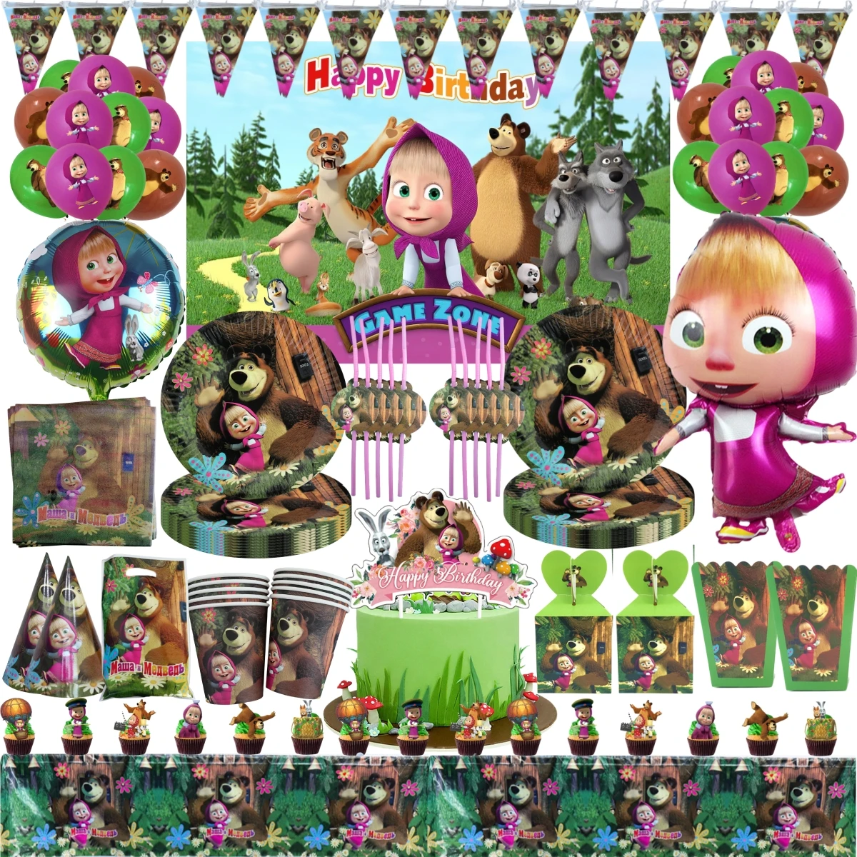 Cartoon Mashas and Bear Birthday Party Decoration Cake Toppers Balloons Disposable Tableware Backdrop Baby Shower Party Supplies