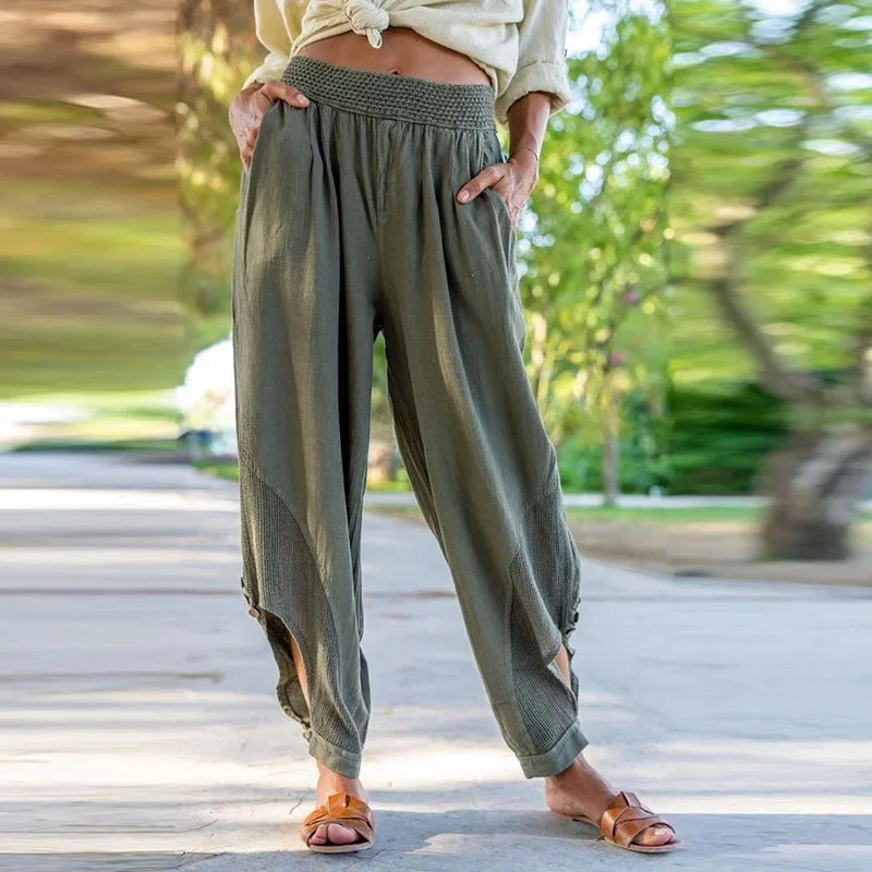 Pantalones largos con bolsillos y cintura elástica para mujer, calzas informales con botones, color liso, 2023