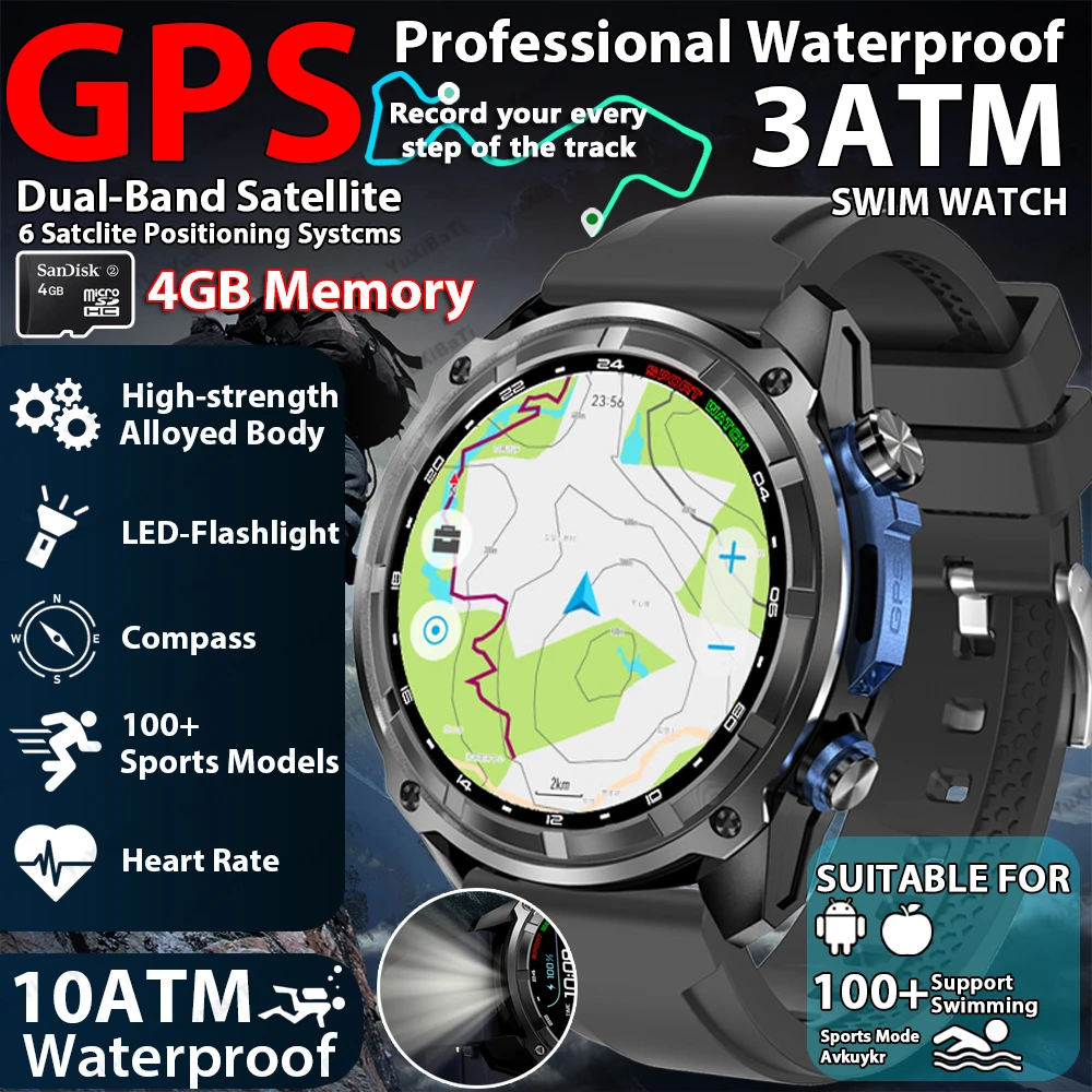 2025 New GPS SmartWatch Offline Maps 4GB Memory Video Player Military Sports Smart bracelet Men 50m Swimming Waterproof Sapphire