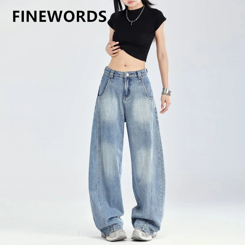 FINEWORDS Vintage Light Blue Korean Jeans Women Casual Harajuku Baggy Jeans Streetwear High Waist Wide Leg Banana Jeans