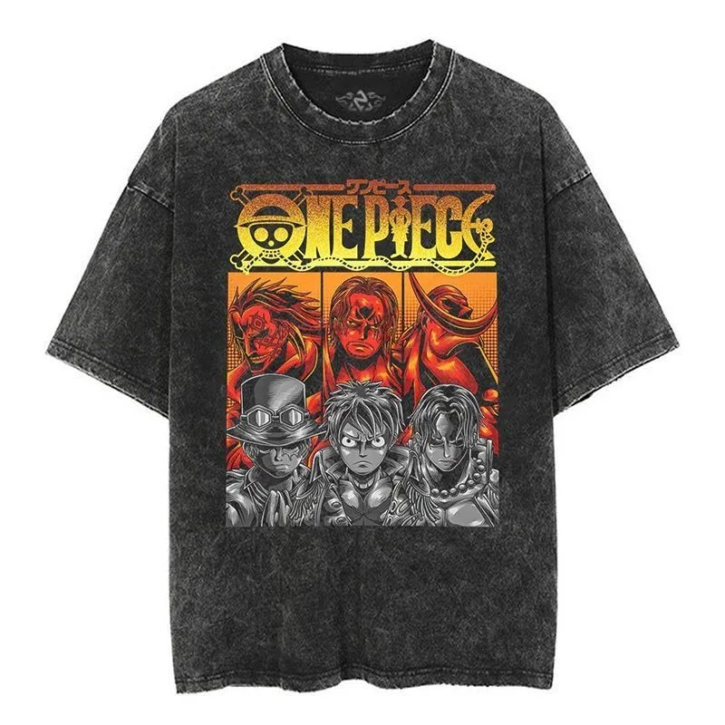 

One Piece Luffy Sauron Retro Vintage Vintage Style Anime Printed Round Neck Short Sleeve Fashion Versatile Washed T-shirt