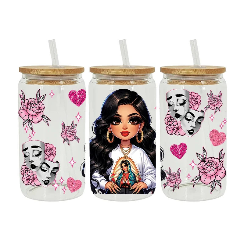 Cartoon Girl 3D UV DTF Transfer Stickers Libbey Cup Wrap Iron For Glass 16oz D14879