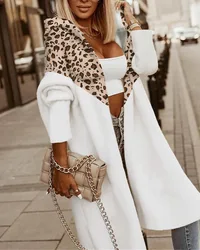 Winter Cardigan for Women Colorblock Open Front Hooded Cardigan Knitted Contrast Leopard Long Sleeve Hooded Longline Coat 2023