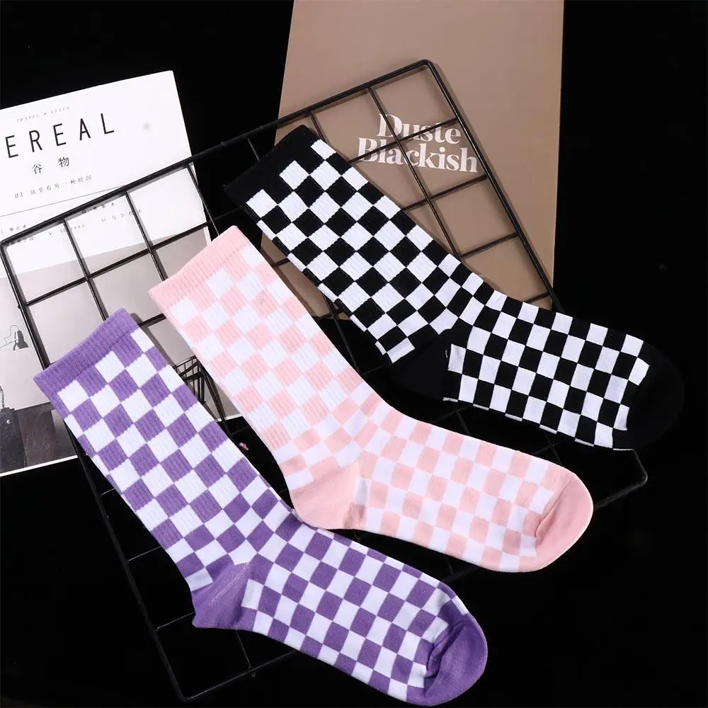 Korea Harajuku Fashion Check Socks Street Fashion Sports Print Skateboard Socks Hip Hop Geometric Checkerboard Hip Hop Socks