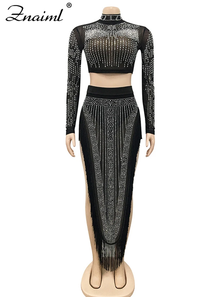 Znaiml Sexy Black Mesh Rhinestone Crop Tops and Tassel Long Skirt Two 2 Piece Women‘s Elegant Luxury Evening Party Matching Sets