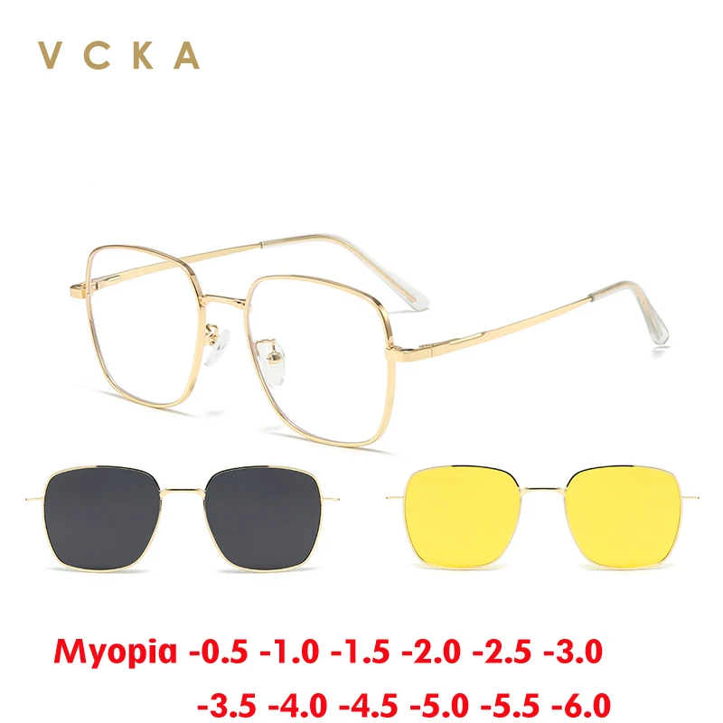 VCKA 3 IN1 Big Frame Myopia Sunglasses Set 2025 New Men Women Magnetic Clip  Polarized Prescription Glasses Optics -0.50 to -10