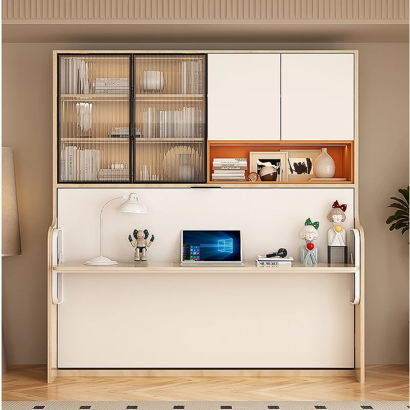 Multifunctional Murphy Wall Bed with Integrated Study Bookcase Foldable Rotating Antique Wood Panel Modern Appearance