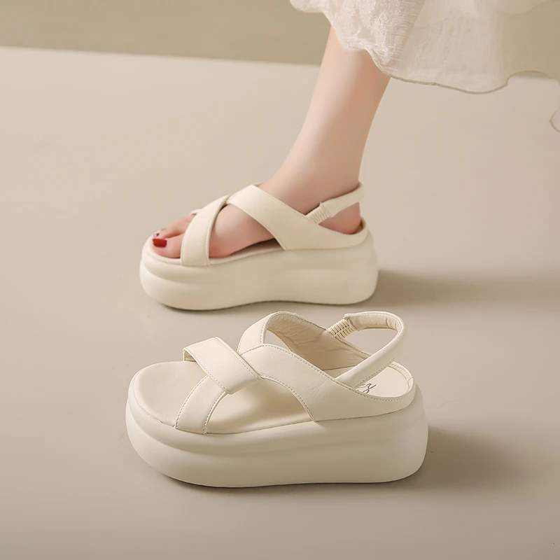 

Женские повседневные босоножки на каблуке, кожаная уличная одежда на высоком каблуке, клейкая обувь, дышащая стелька из искусственной кожи с открытым носком