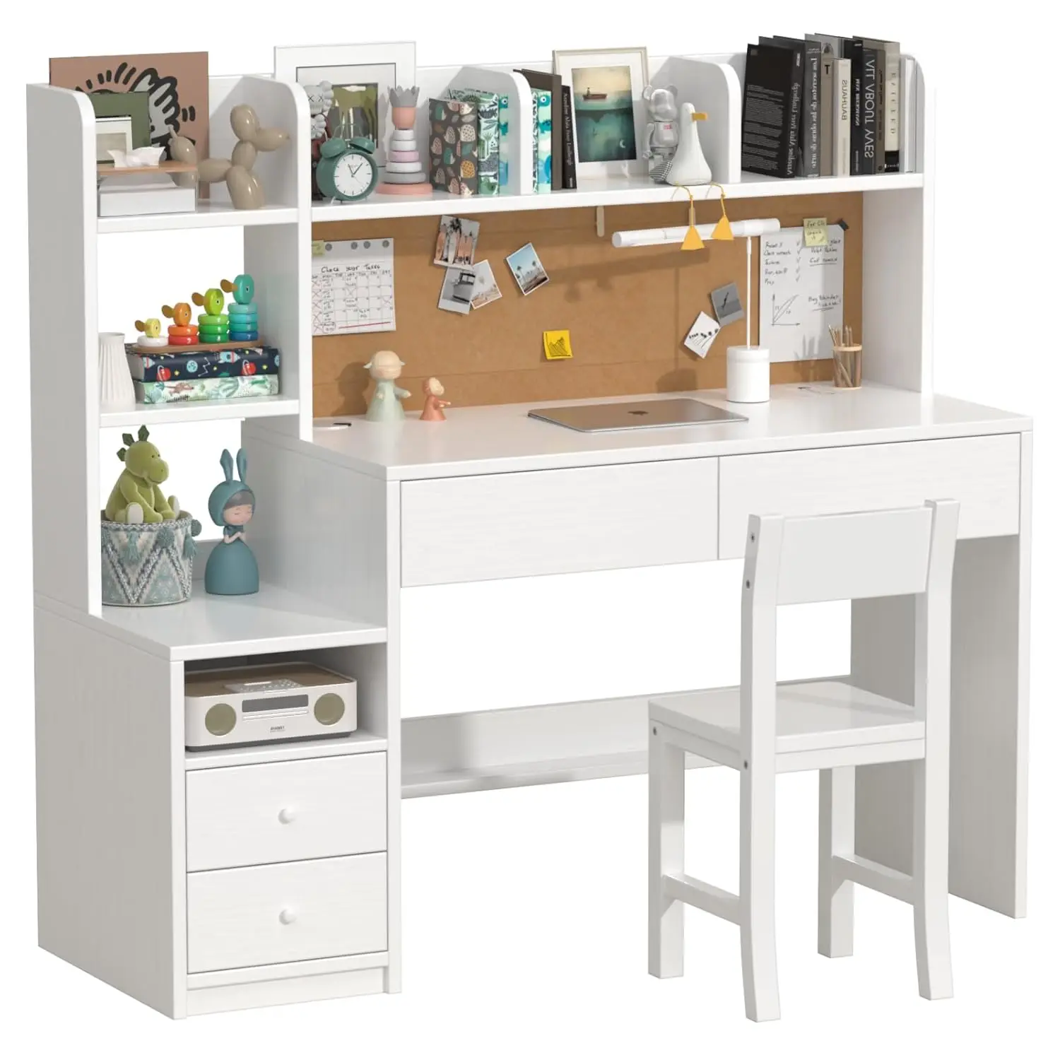 

Wooden White Kids Study Desk and Chair Set, 4 Drawers and Storage Cabinets, Children Desk with 4 Open Hutch and Shelves, Girls S