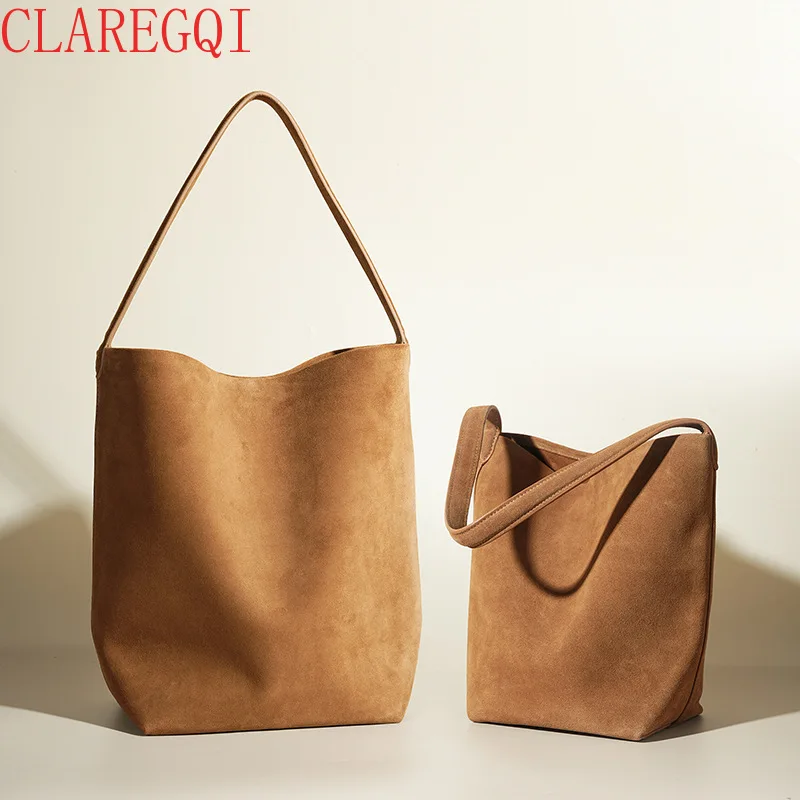 Retro suede fashionable high-end commuting bucket bag with frosted cowhide, large capacity handheld single shoulder tote bag