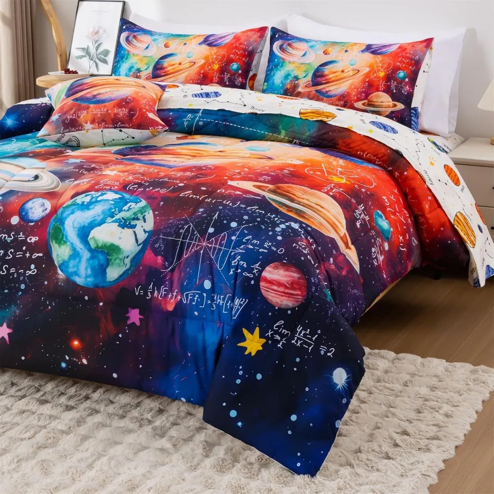 A Nice Night Boys Galaxy Queen 寝具セット 6 ピース ベッドインアバッグ掛け布団 シーツセット付き、スペース代数テーマ ポリエステル製ベッドセット