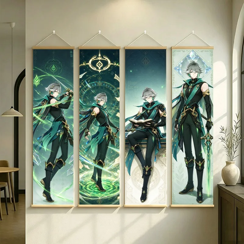 Hanging Scroll Wall Art of Genshin Impact Alhaitham with Emerald Green Motifs, Silver Shimmer Canvas for an Anime Bedroom