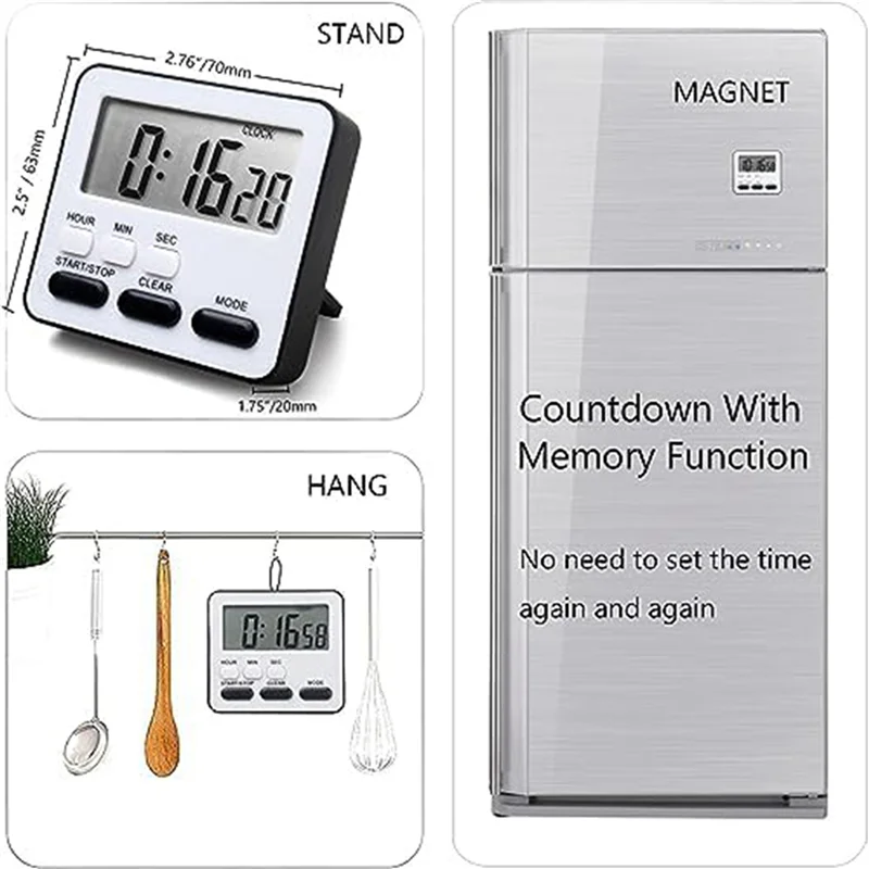 2X Timer Dapur Hitung Mundur Hitung Naik, Jam Alarm Multifungsi, Jam Meja, Hitam