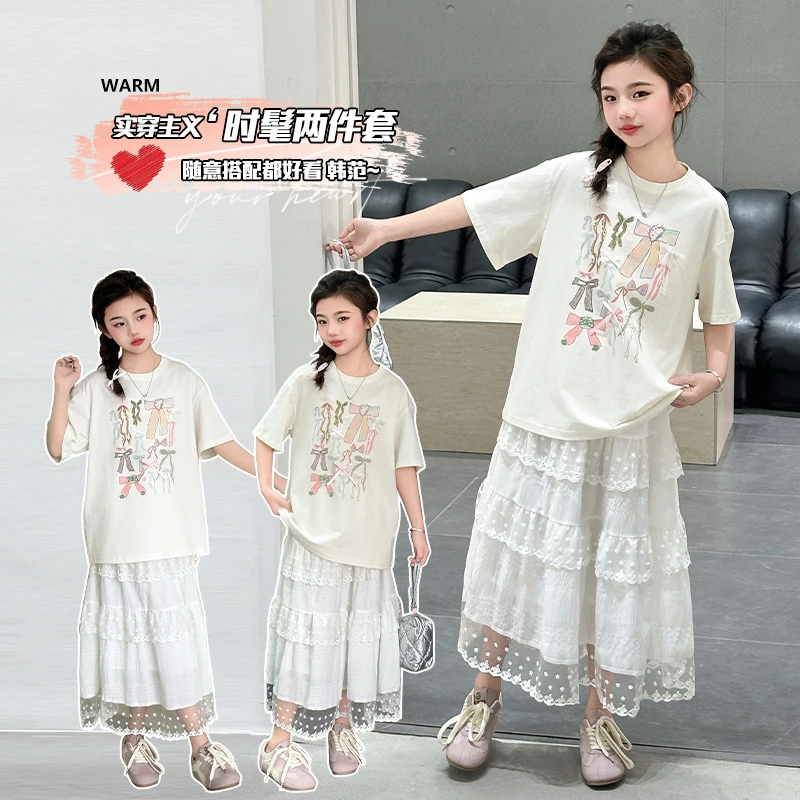

Girls' Summer Bow Print Short Sleeve Set2026New stylish two-piece skirt set for older children