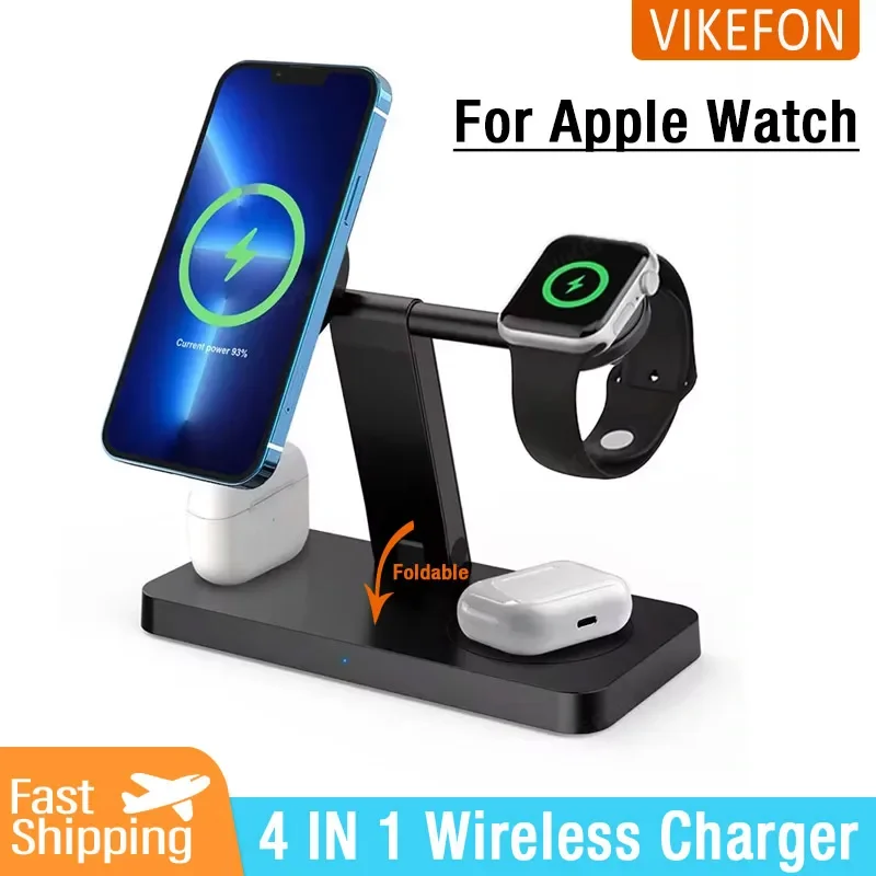 منصة حامل شاحن لاسلكي مغناطيسي قابل للطي ، محطة شحن سريعة لهاتف آيفون 15 و 14 و 13 و 12 برو ماكس ، ساعة أبل 8-6 ، سماعات إيربودز ، 4 في 1