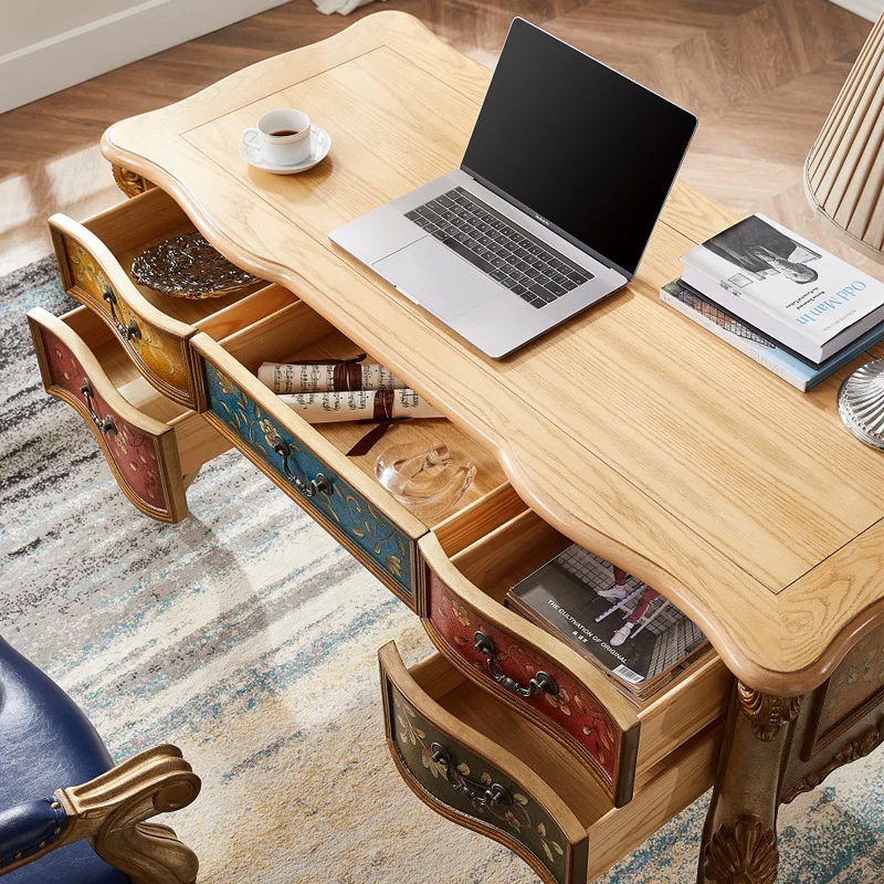 Champagne French luxury computer table retro hand-painted writing table armchair combination solid wood desk