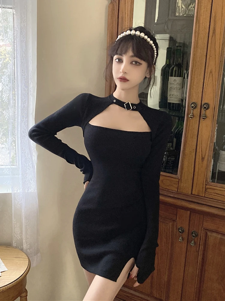 

Elegant Temperament Black Knitted Sweater Dress Women'S Autumn Winter Long Sleeve Bodycon Sexy Dress Vestidos Mini Christmas