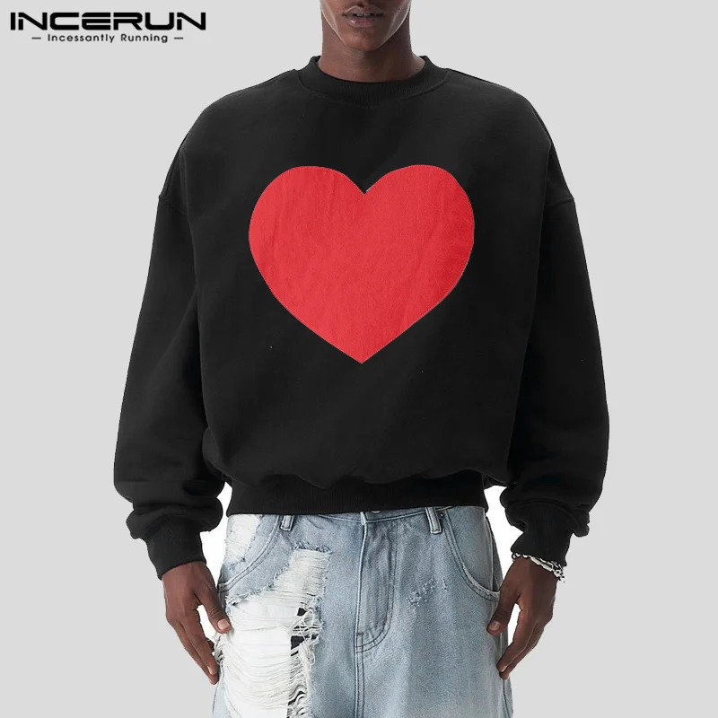 

INCERUN Tops 2024 American Style Fashion Men Funny Love Print Pattern Pullover Casual Streetwear Simple Long Sleeved Sweatshirts