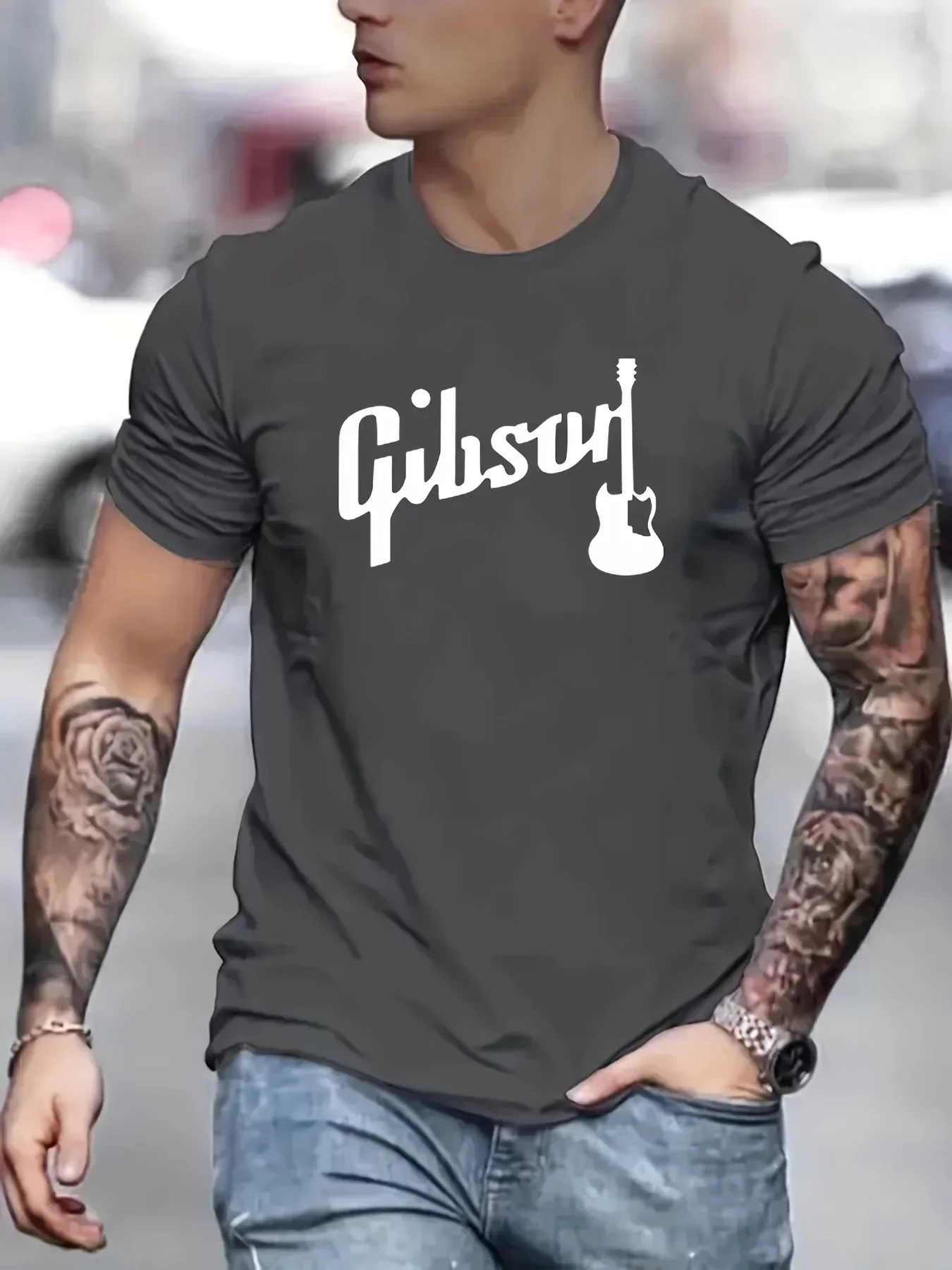 Camiseta de manga corta con cuello redondo para hombre, 100% algodón, a la moda, informal, holgada, con estampado de gran guitarra Gibson, deportiva, de verano