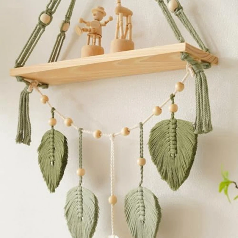 Macrame Wall Hanging Shelf-Boho Wall Plant Hanger Shelves With Handmade Woven Leaves, Rustic Wood Storage Display Shelf Durable