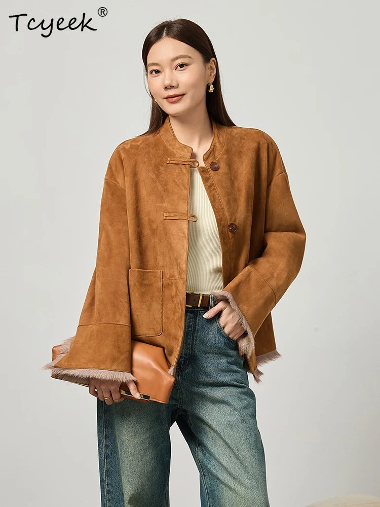 Tcyeek Genuine Wool Autumn Winter High End Trendy Round Necked Maillard Casual Women's Wool Shearing Fur Coat Fourrures Femme