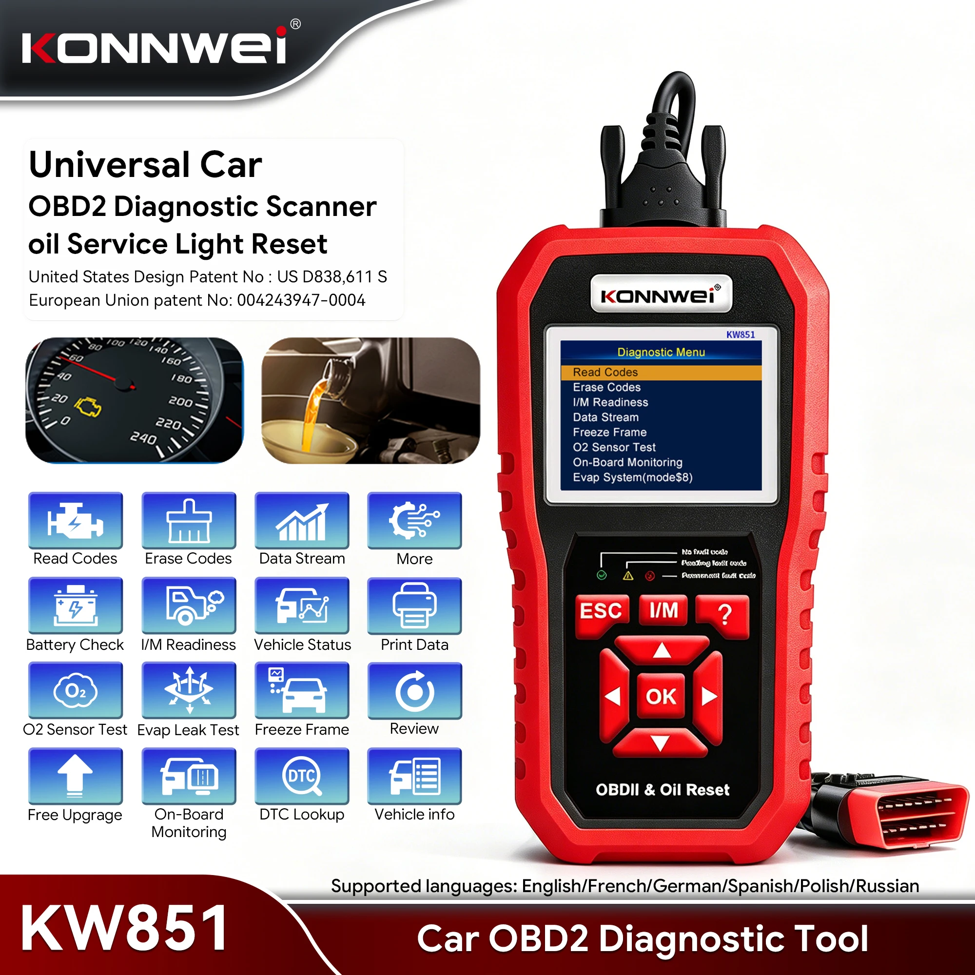 

2026 KONNWEI KW851 Car OBD2 Fault Scanner Read Clear Codes Oil Service Light Reset O2 Sensor Test Car OBDII Diagnostic Tools