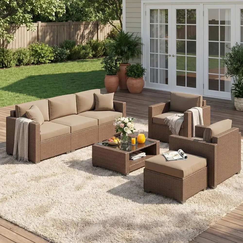 

7-Piece Outdoor Sectional Sofa Set with Coffee Table and Cushions, Perfect for Backyard, Poolside, Garden (Brown-Camel)