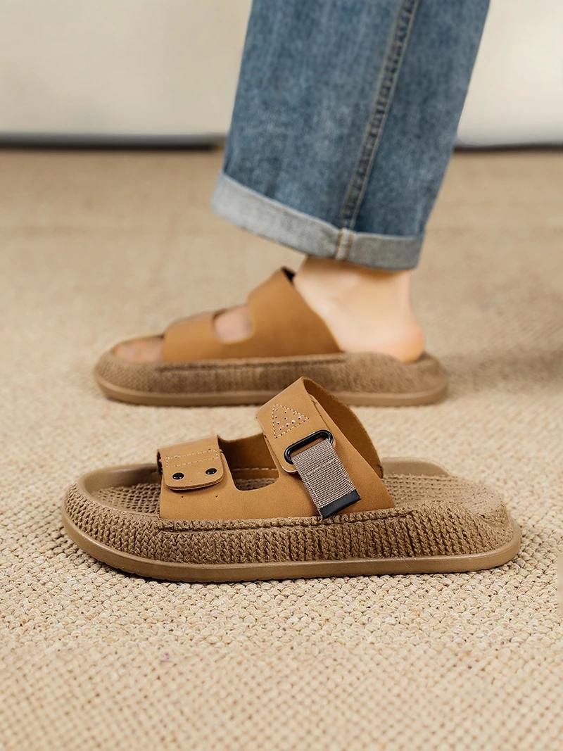 

Men's Summer 2026 New Soft Bottom Thick Heel Sandals Driving Casual Beach Shoes Low Cut Slip-On Breathable Ultrafiber Leather