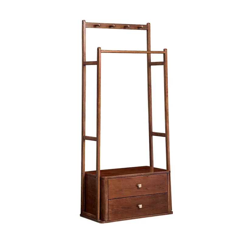 

Medieval solid wood coat rack, multi-functional storage rack with double drawers, entrance entrance ash wood clothes rack