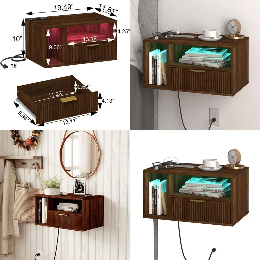 

Walnut Brown LED-Lit Nightstand with Charging Dock