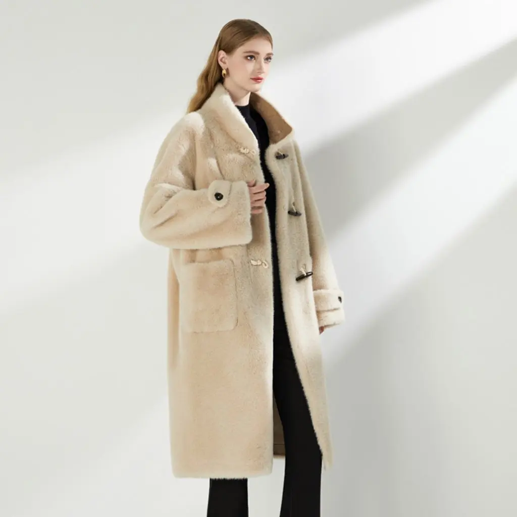 

Women's Long Stand Collar Lamb Fur Coat Apricot Sheared Winter New Fashion Outerwear for Ladies