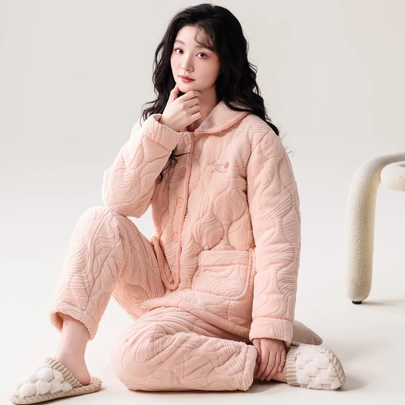 

Coral Fleece Cotton Pajamas Women's Sleepwear Homeclothes Girl's Three Layers Thickened Velvet Nightgown Outerwear Autumn Winter