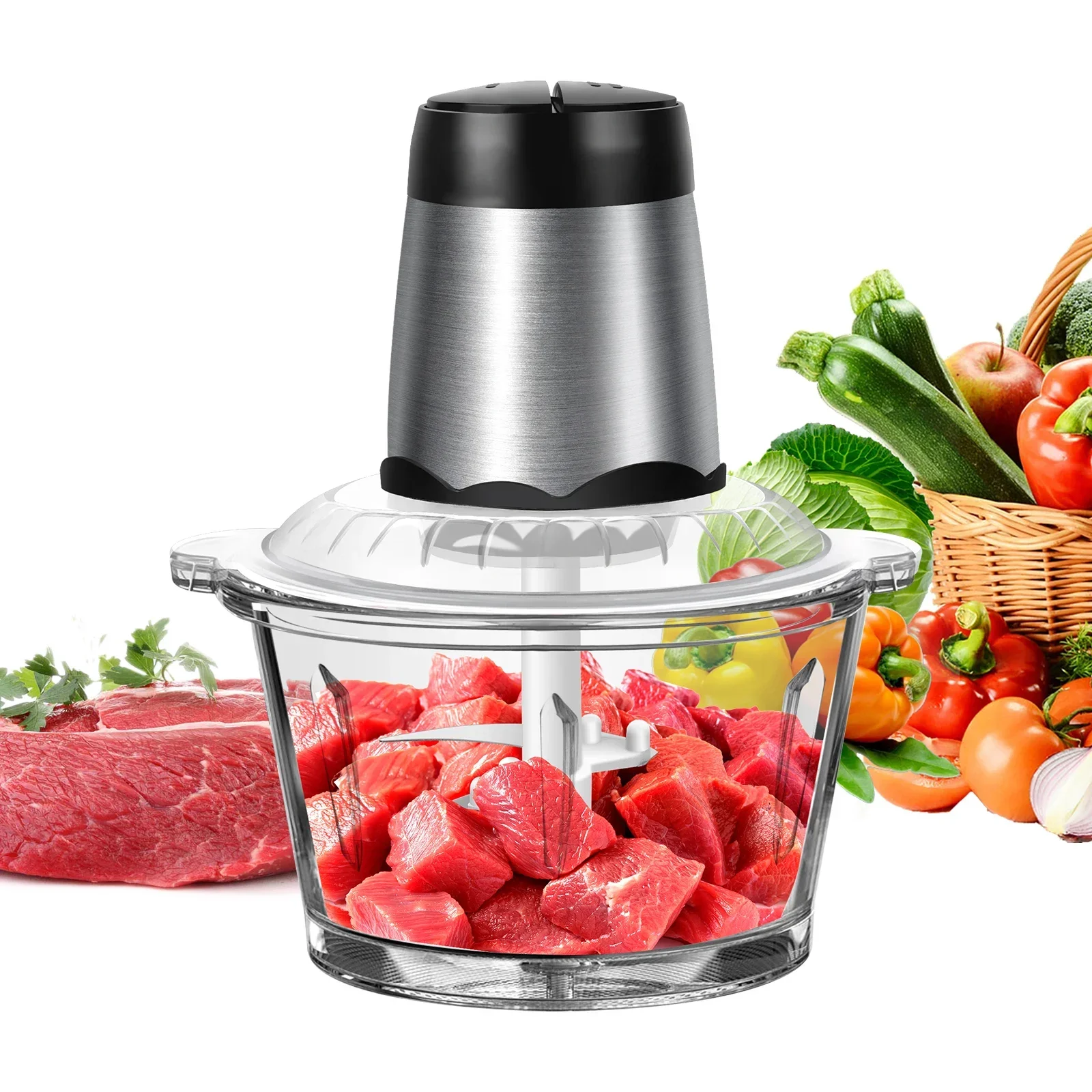 2L Electric Meat Grinder Food Chopper stainless-steel blades  Small Food Processor Removable Dicer 2 Speeds Meat Mincer