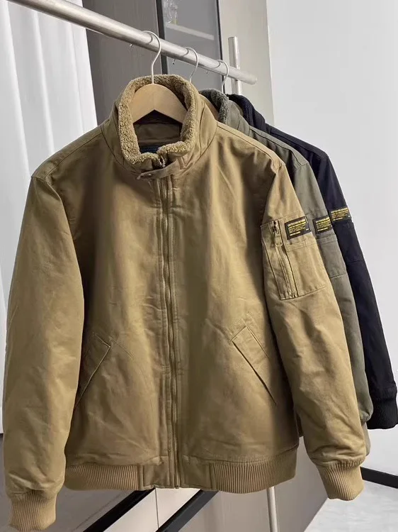 

American Retro Fce Lined Thiened Stand Collar Men's Casual Jaet Outerwear Warm Youth Faion Long Sve Pure Color