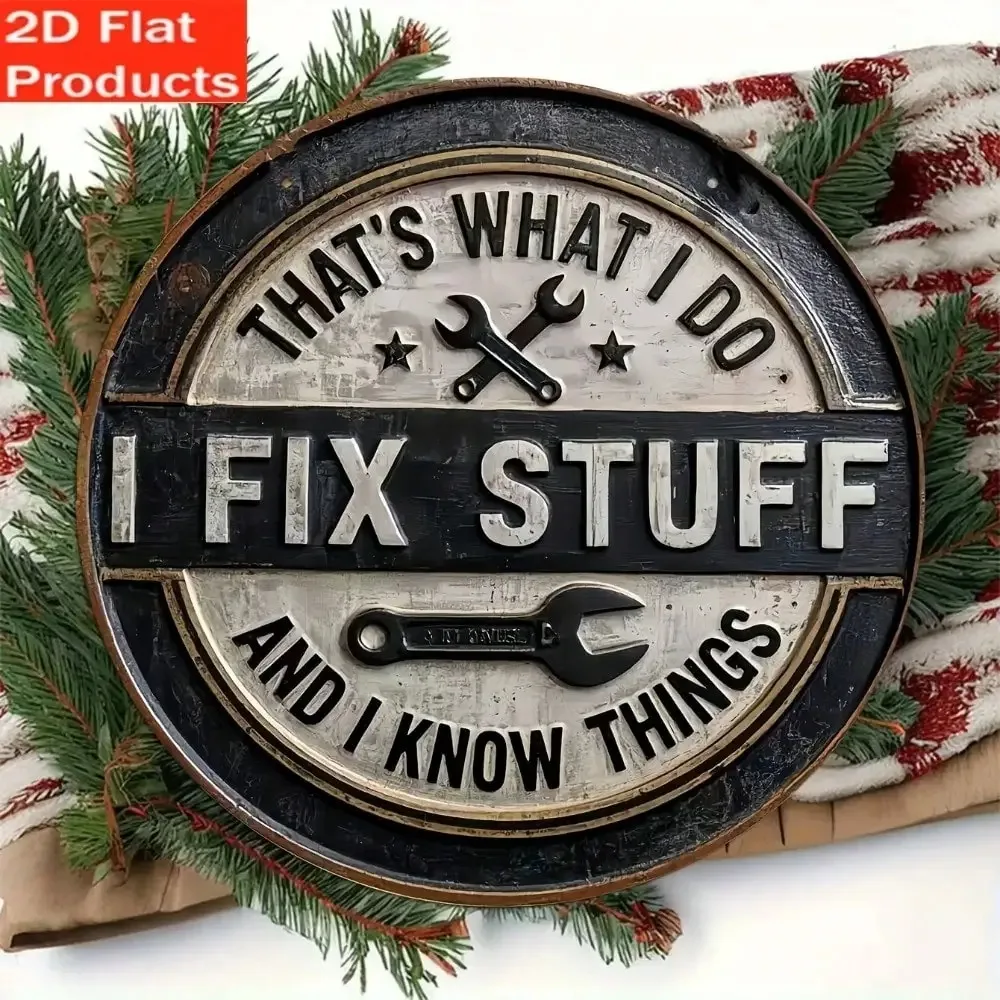 Vintage Garage Tin Sign, Rustic I Fix Things Metal Wall Decor with Wrench & Screwdriver for Man Cave & Workshop