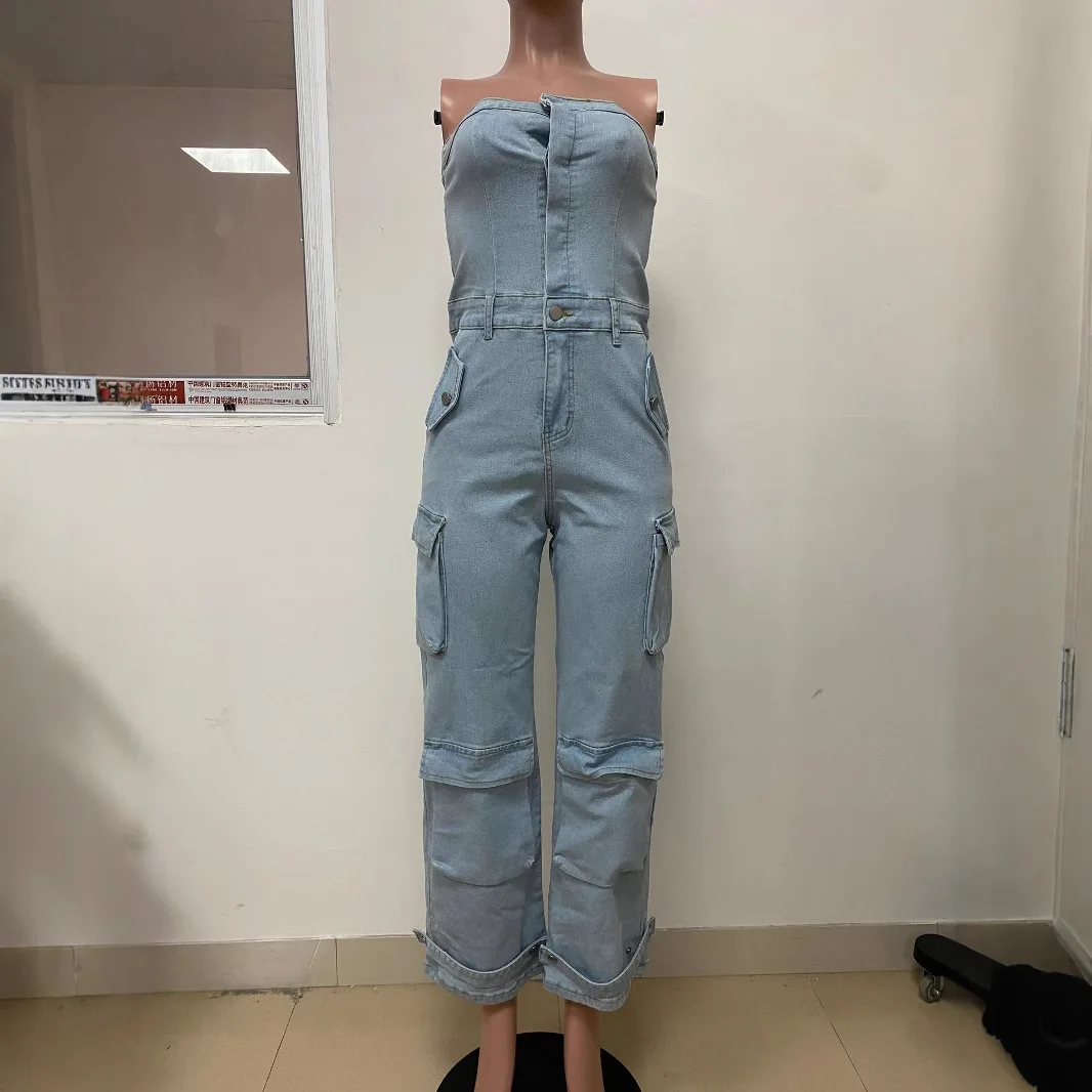 Women Jumpsuit Summer Sexy Sleeveless Strapless Bodycon Denim Jumpsuit Streetwear Casual Lady Pocket Cargo Pants Jeans Jumpsuit