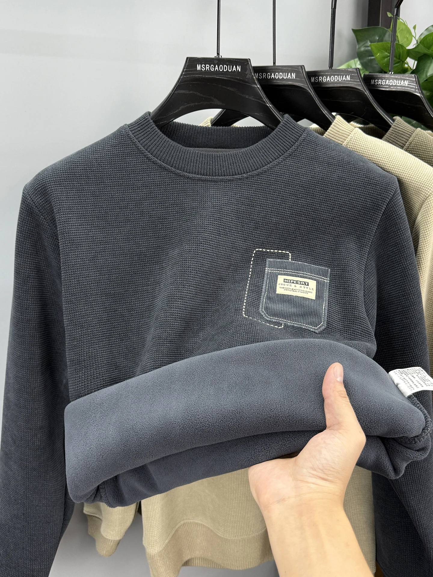 

Мужская утепленная толстовка с начесом, круглым вырезом, вязаная, теплая, повседневная, из смесового полиэстера, с длинными рукавами