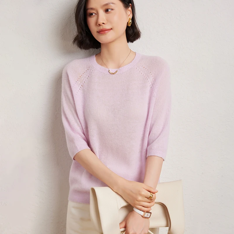 

Элегантный свитер из 100% мериносовой шерсти с круглым вырезом, весенне-осенний женский мягкий трикотаж с короткими рукавами, корейская модная одежда, топы