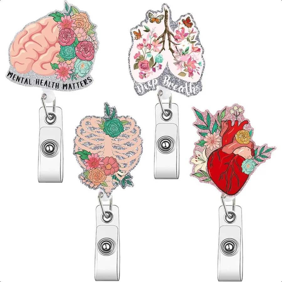 

Cardiac Badge Reel Retractable 4pcs Acrylic Flower Brain Cardiac Heart Lung Xray ID Badge Reel Holder with Alligator Clip for M