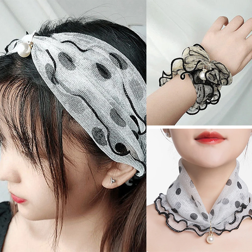 

Fashion Printed Lace Ruffle Neck Collar Multi-function Elastic Chiffon Scarves Headscarf With Pearl Pendant Neck Wrap Headband